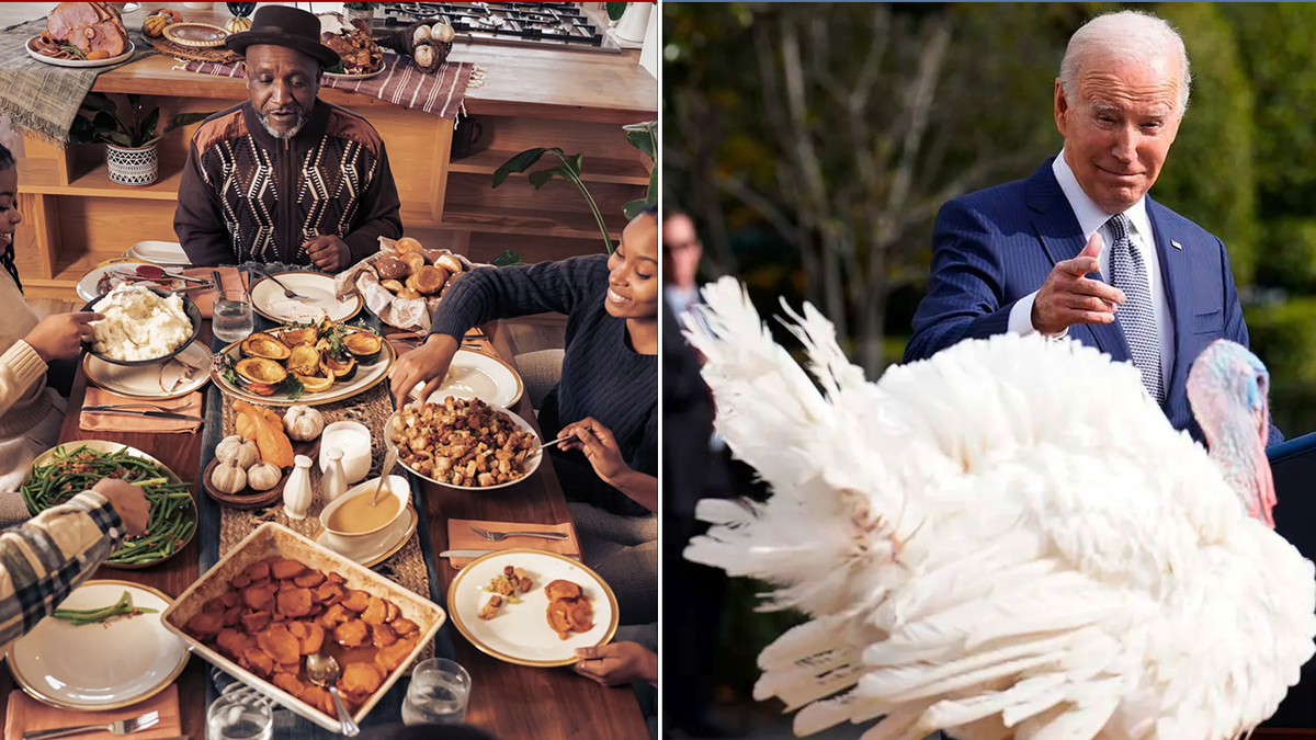 Thanksgiving dinner and President Joe Biden split image