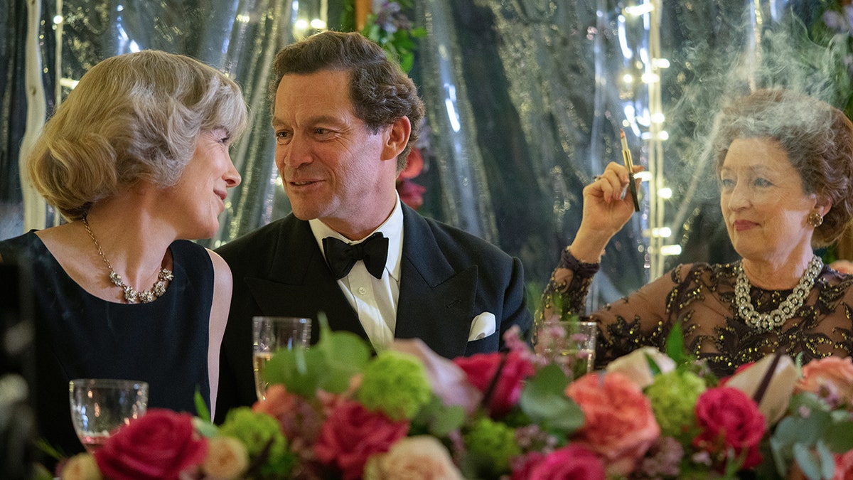Olivia Williams, Dominic West, and Lesley Manville in a scene from The Crown