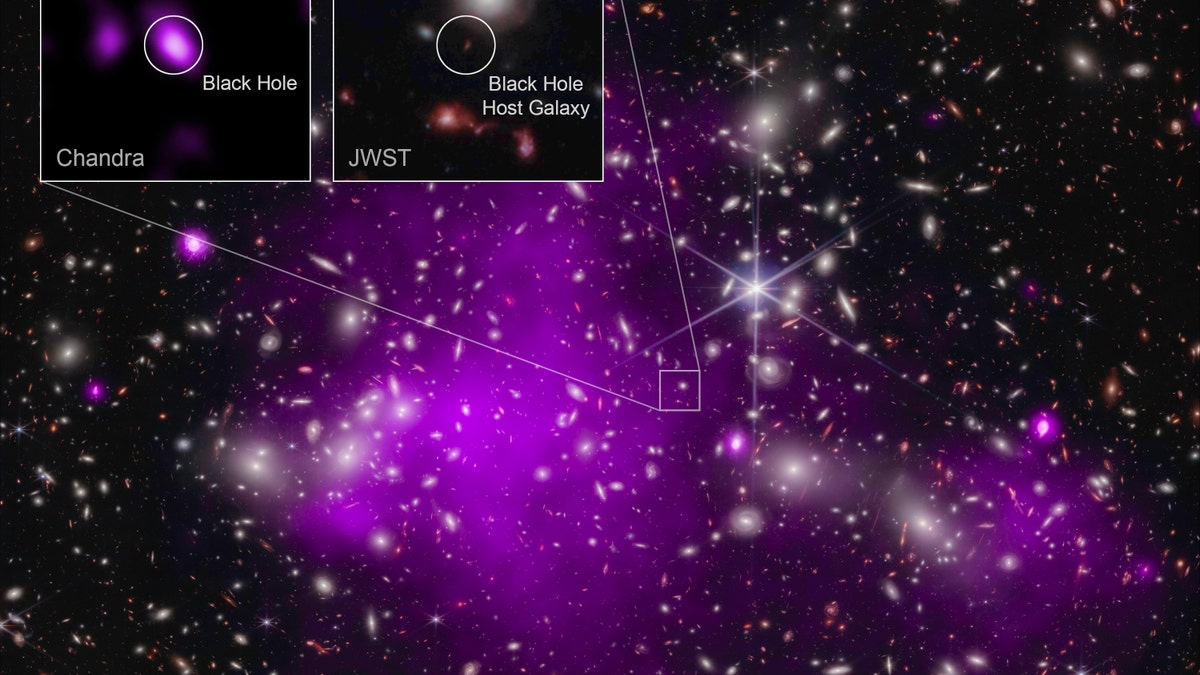 A composite image of space with many galaxies and gas clouds shown