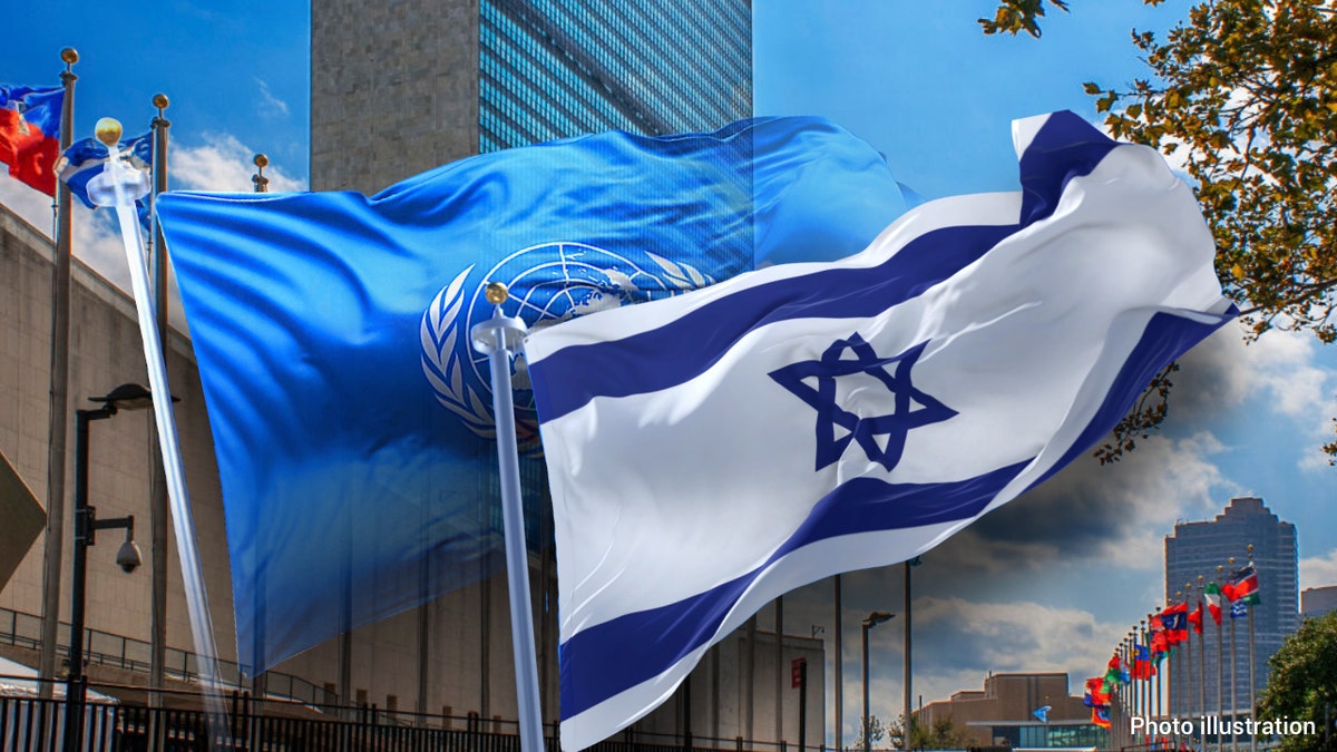 Flags of the UN and Israel.