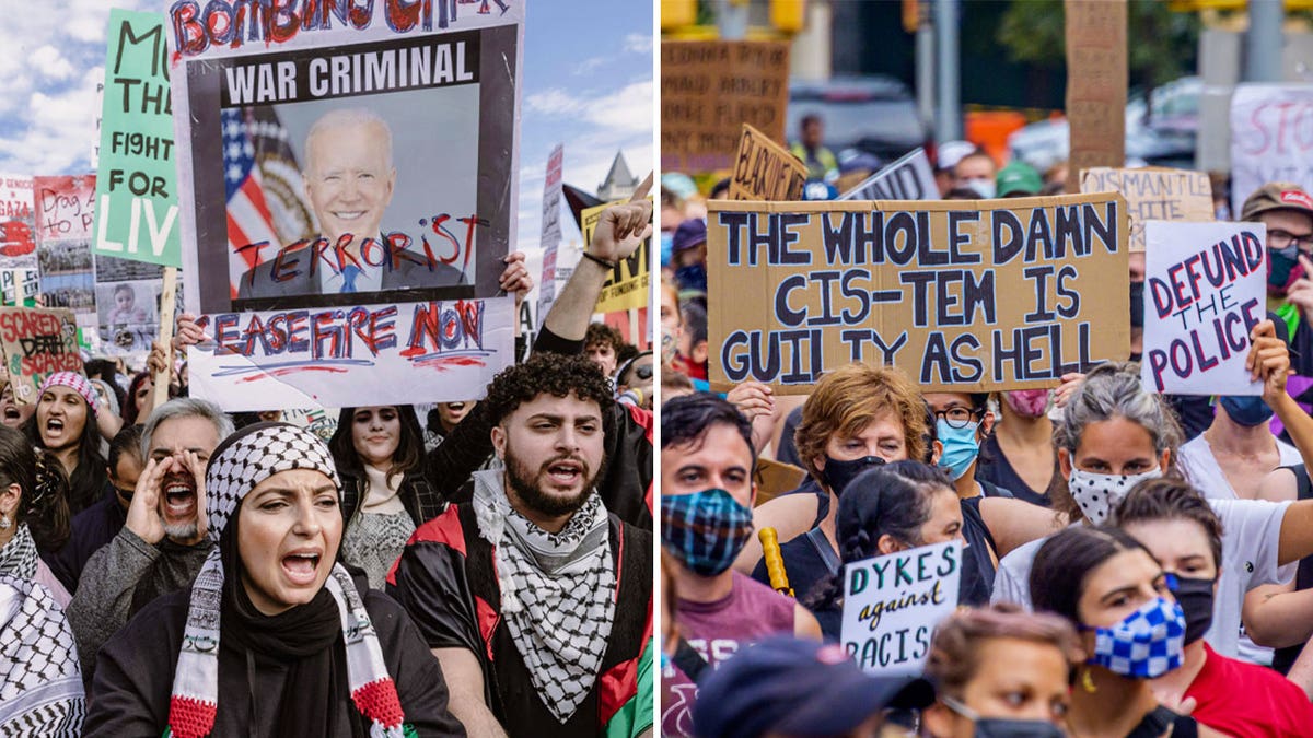 anti-Israel protest with Joe Biden "war criminal" sign shown at left