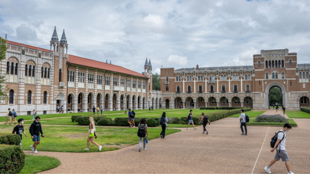 Rice University campus with students walking to class