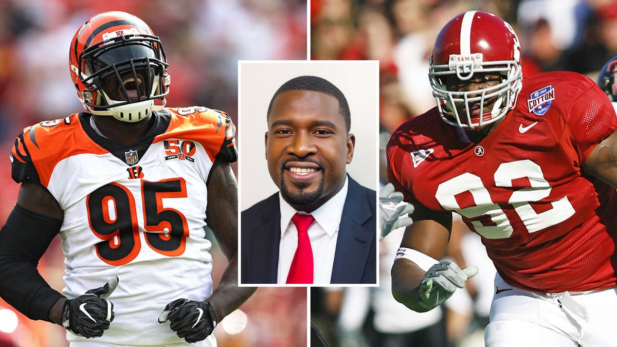 Wallace Gilberry photo montage, in coat and tie, center, Bengals uniform left, Alabama uniform right