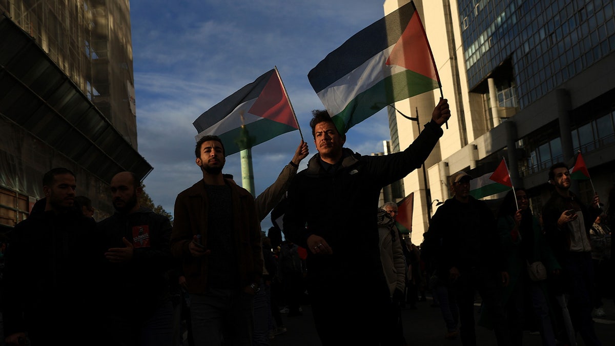 Manifestantes ondean banderas palestinas 