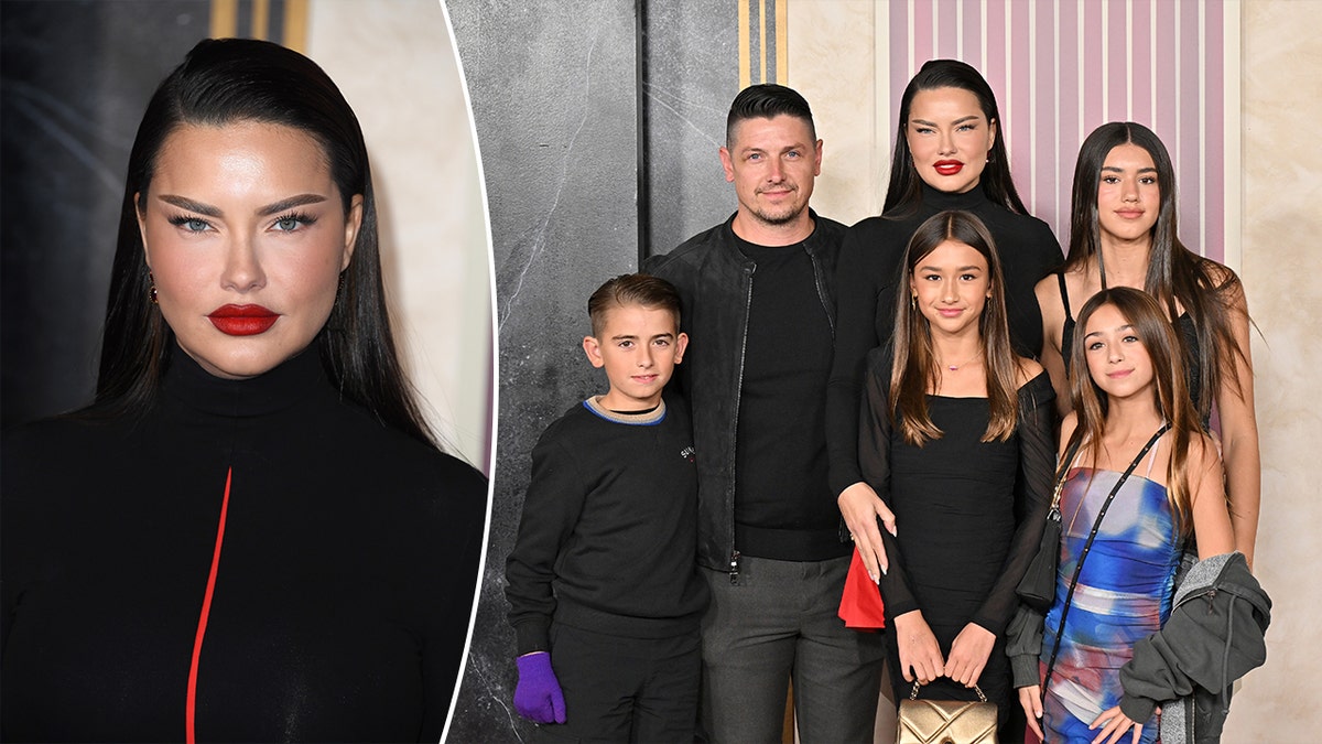 Adriana Lima in black pouts on the red carpet split a photo of her and her partner and three children