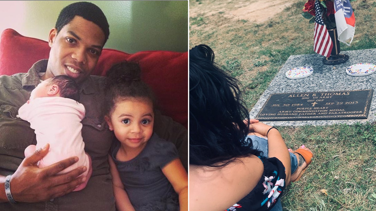 Staff Sgt. Allen Thomas with his daughters next to photo of Danica Thomas at her husband's grave