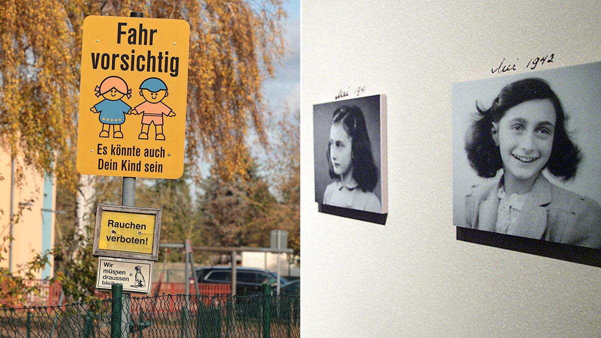 Placa da Escola Anne Frank dividida com fotos de Anne Frank
