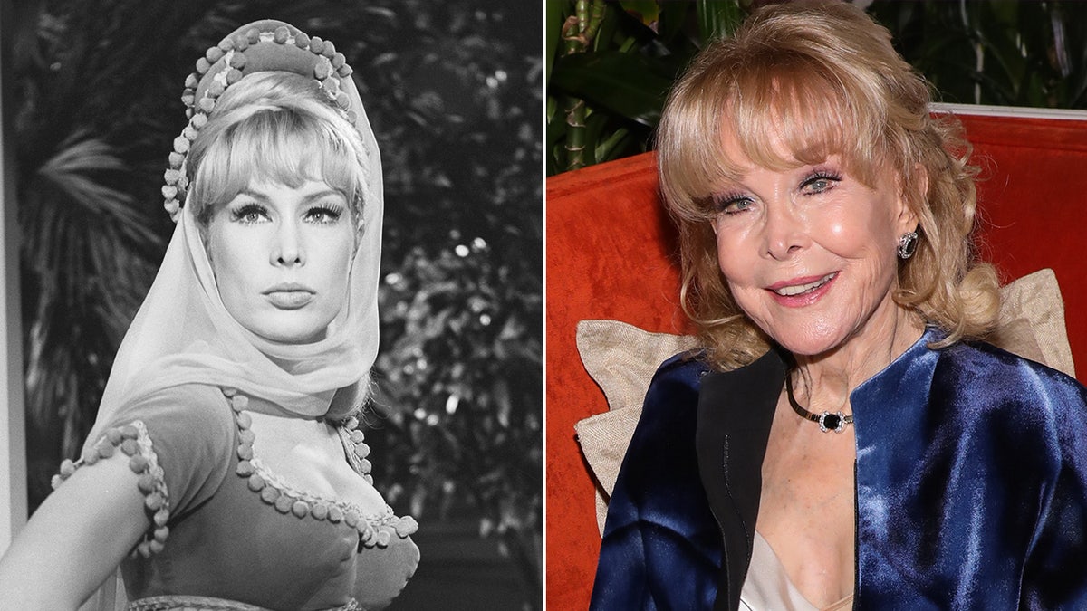 A photo of Barbara Eden then and now