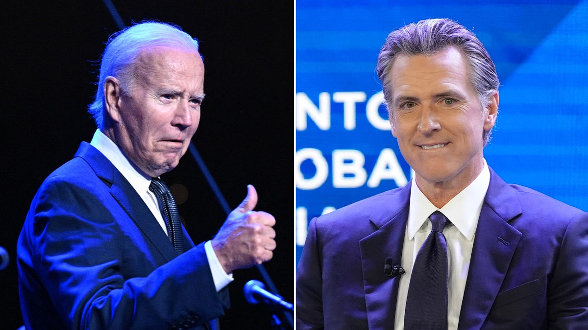 Left: President Biden giving thums up; Right; Gov. Gavin Newsom