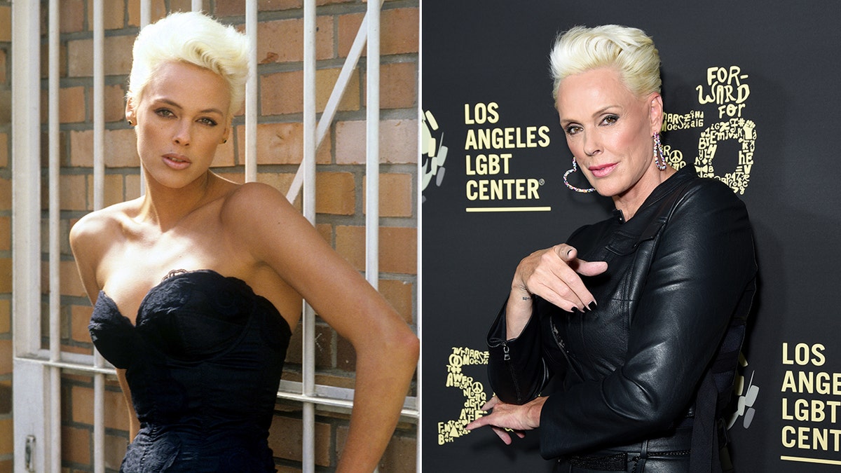 Brigitte Nielsen in a black dress poses against white bars in 1987 split Brigitte Nielsen on the carpet in black in 2019