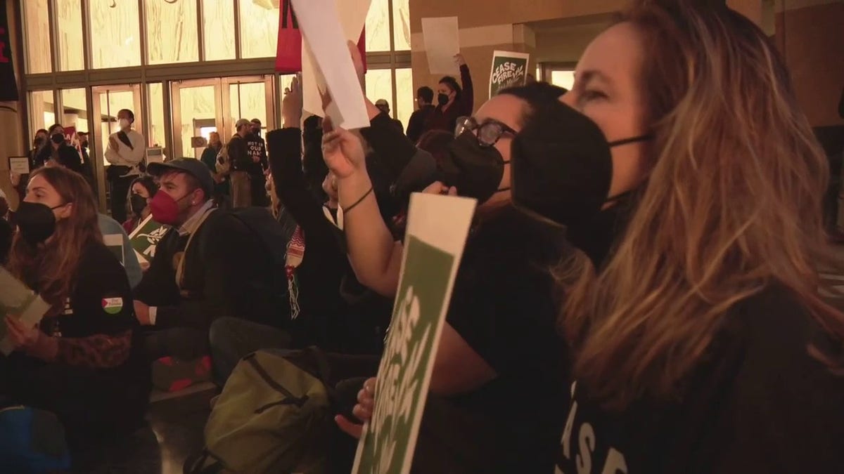 Demonstrators in Oakland, California, call for ceasefire in Israel-Hamas war.