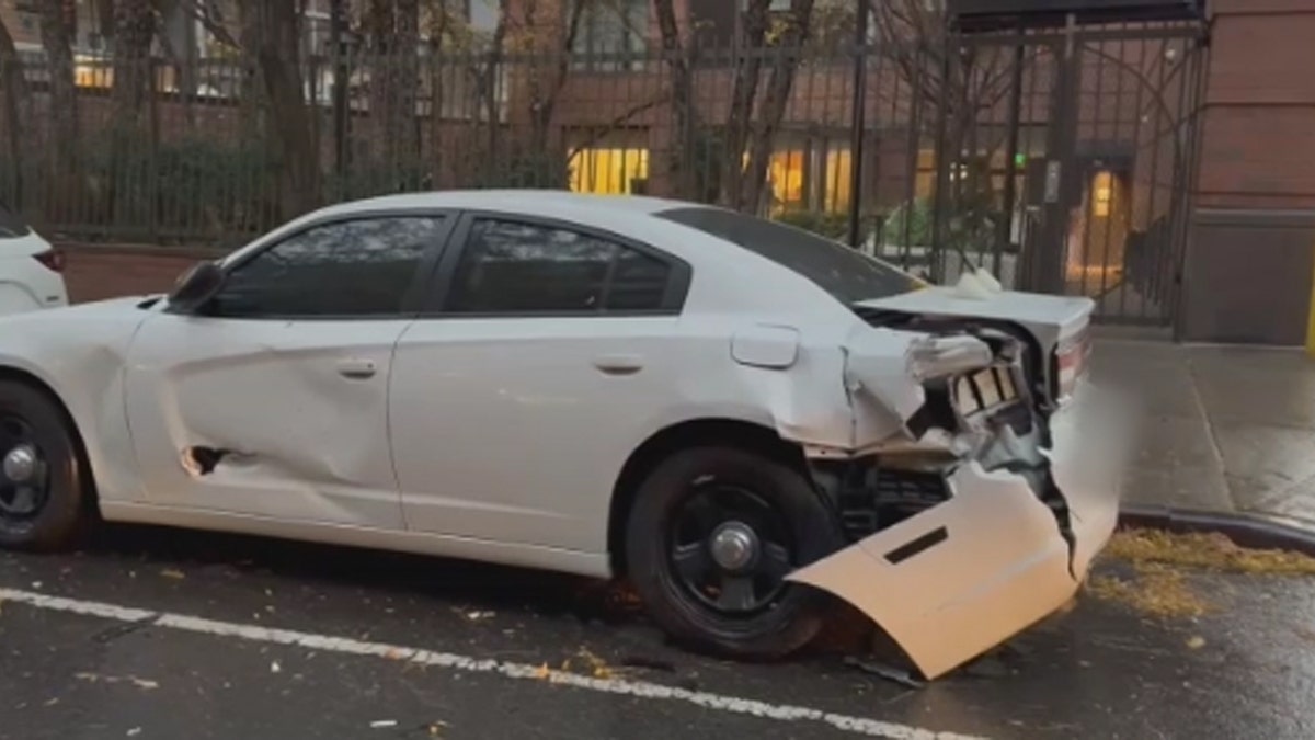 white sedan with damage to back from horse