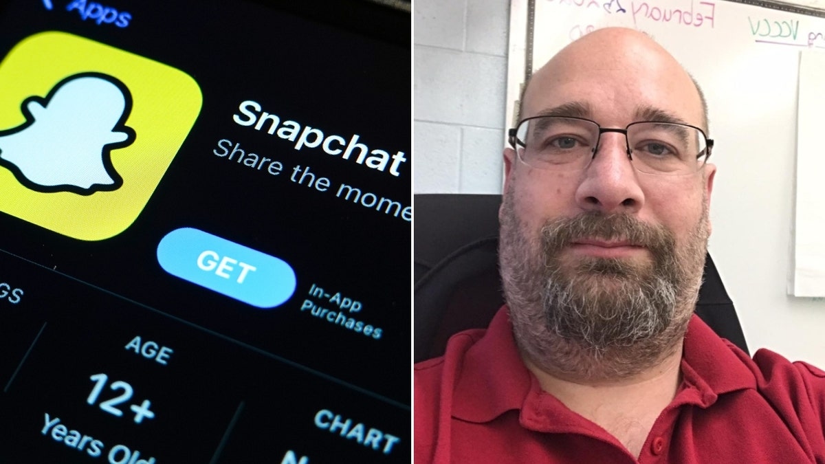 left: snapchat app store image; right, Ryan Johnson seated in classroom