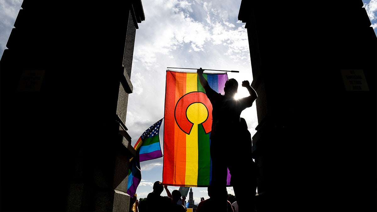 Colorado pride flag with silhouette of man raising his fist