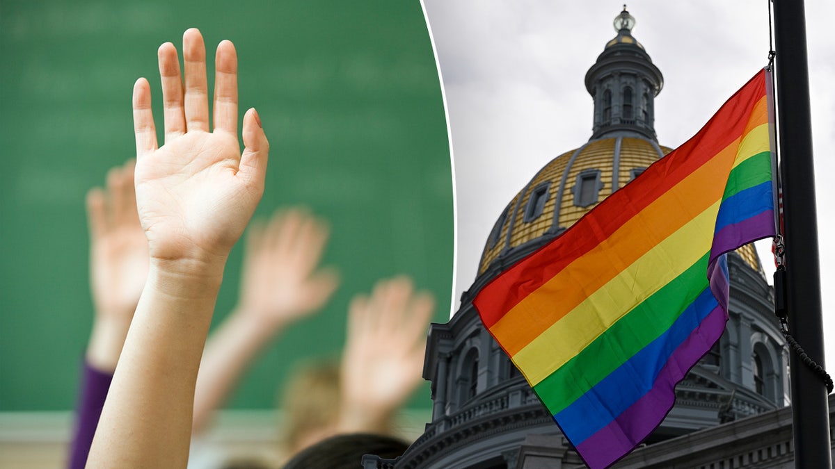 Students raising hand in front of chalkboard next to Colorado capitol with pride flag