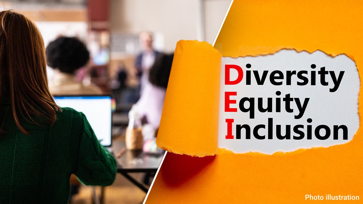 woman sitting successful schoolroom pinch laptop adjacent to words "diversity equity inclusion"