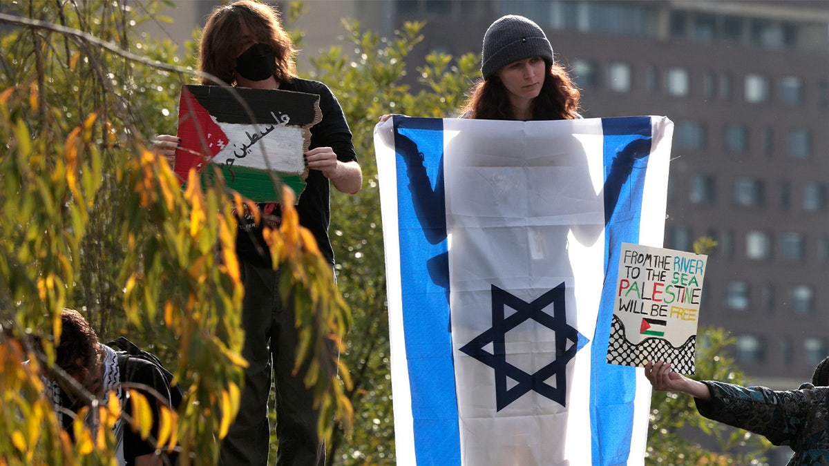 Pro-Palestinian protesters held out signs to block a Pro-Israeli protester