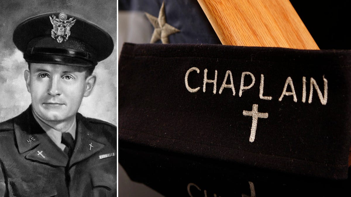 portrait of Fr. Kapaun split in an image with a chaplain armband