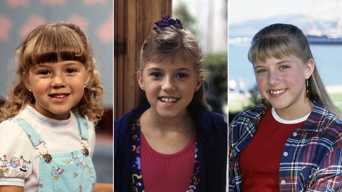 Jodie Sweetin as a young Stephanie Tanner with tight curls and overalls split Jodie Sweetin as a tween Stephanie Tanner with a scrunchie in her hair split Jodie Sweetin in a plaid shirt as a teen Stephanie Tanner