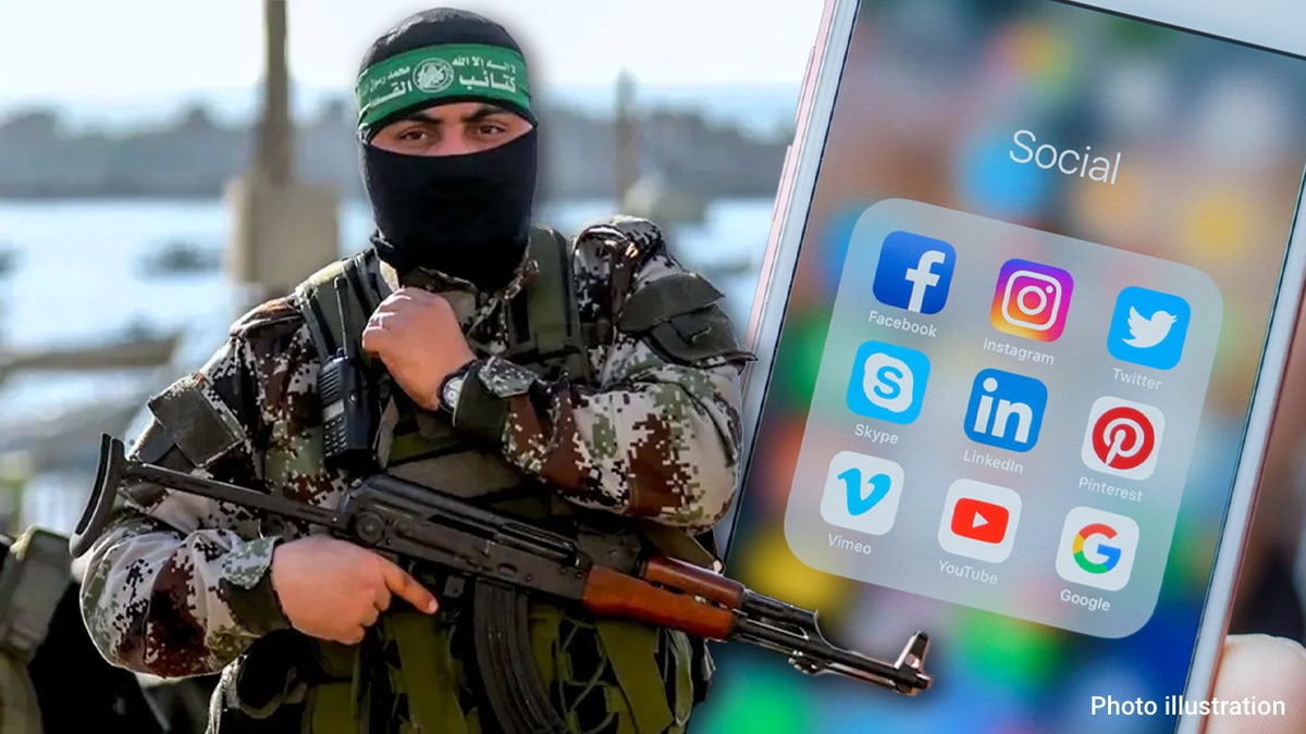 Hamas fighter with face covered and rifle next to large phone screen with social media apps