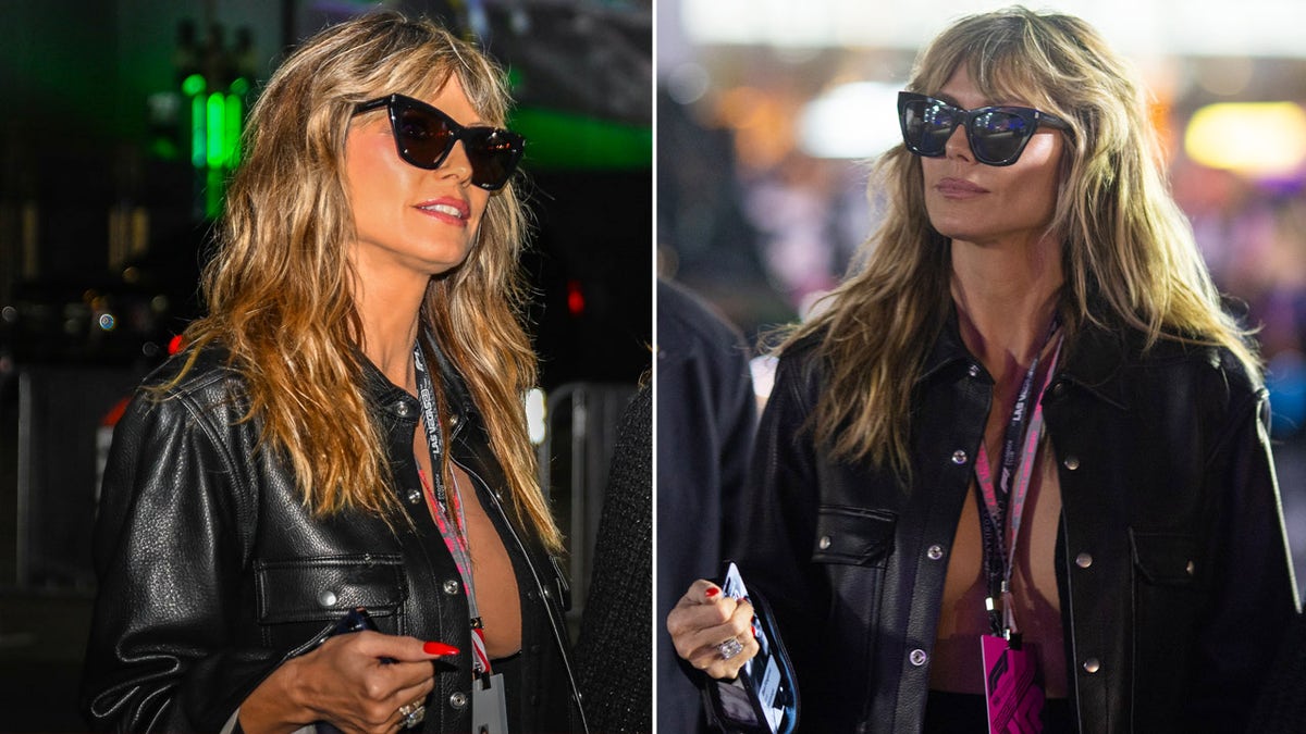 Heidi Klum ostenta jaqueta de couro preta em corrida de F1