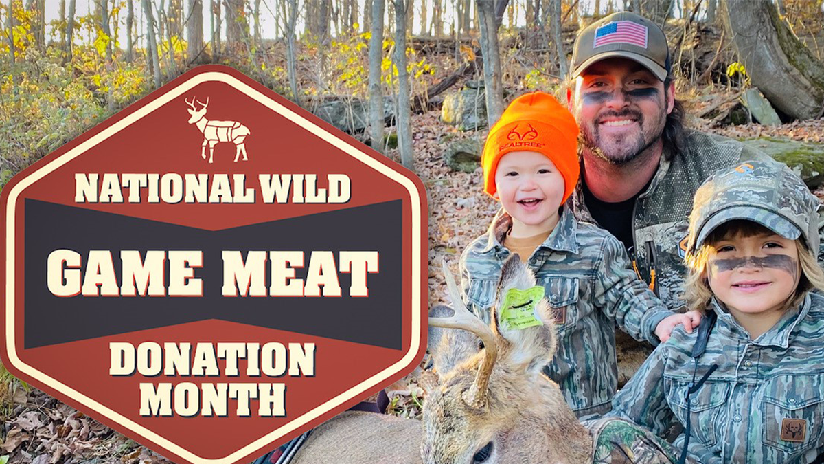Nate Hosie hunting with kids, national wild game meat donation month logo at left