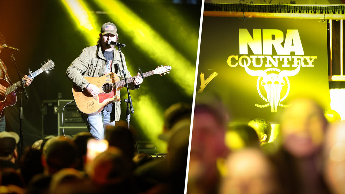 Nate Hosie singing at NRA event, left; right: NRA country logo