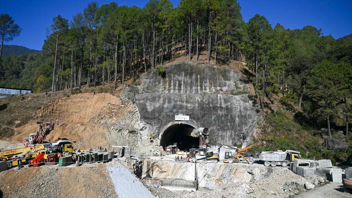 A view of a collapsed tunnerl where 41 workers are trappe in India
