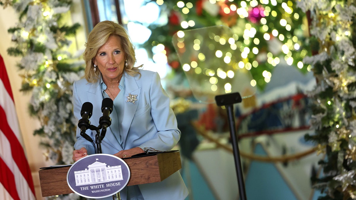 First lady Jill Biden speaks about the holiday season and unveils the White House holiday decor while thanking volunteers who helped set it up, at the White House on November 27, 2023 in Washington, DC. The theme for this year's White House decorations is 