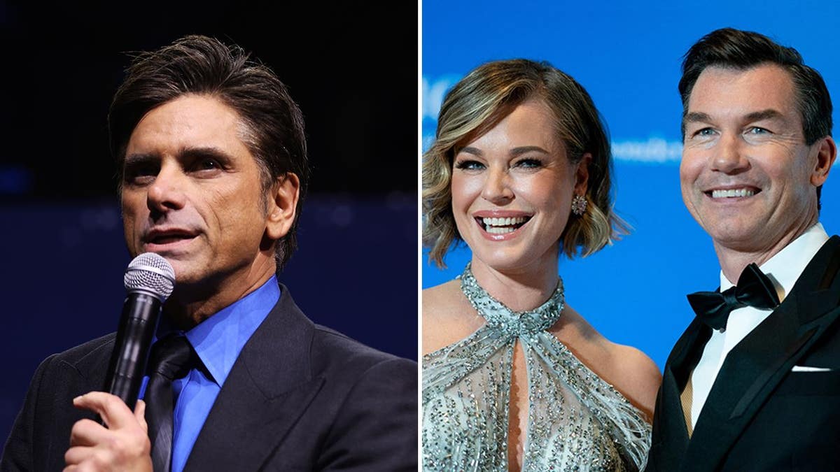 A split of John Stamos and Rebecca Romijn and Jerry O'Connell