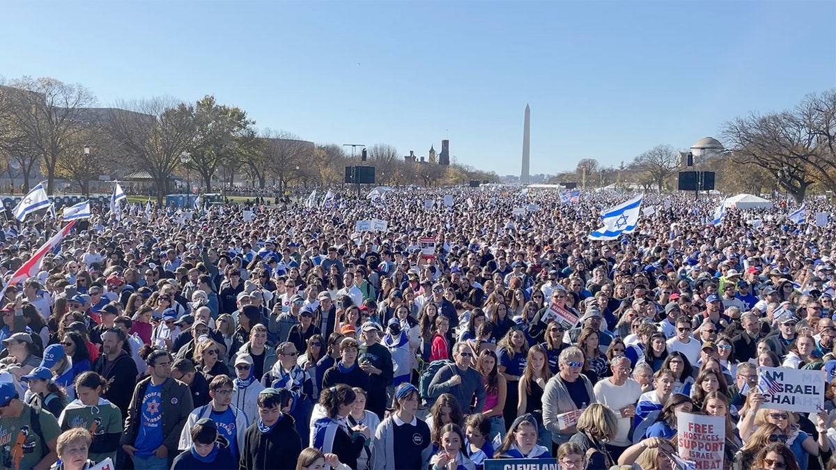 Thousands crowd on National Mall with Washington Monument in background