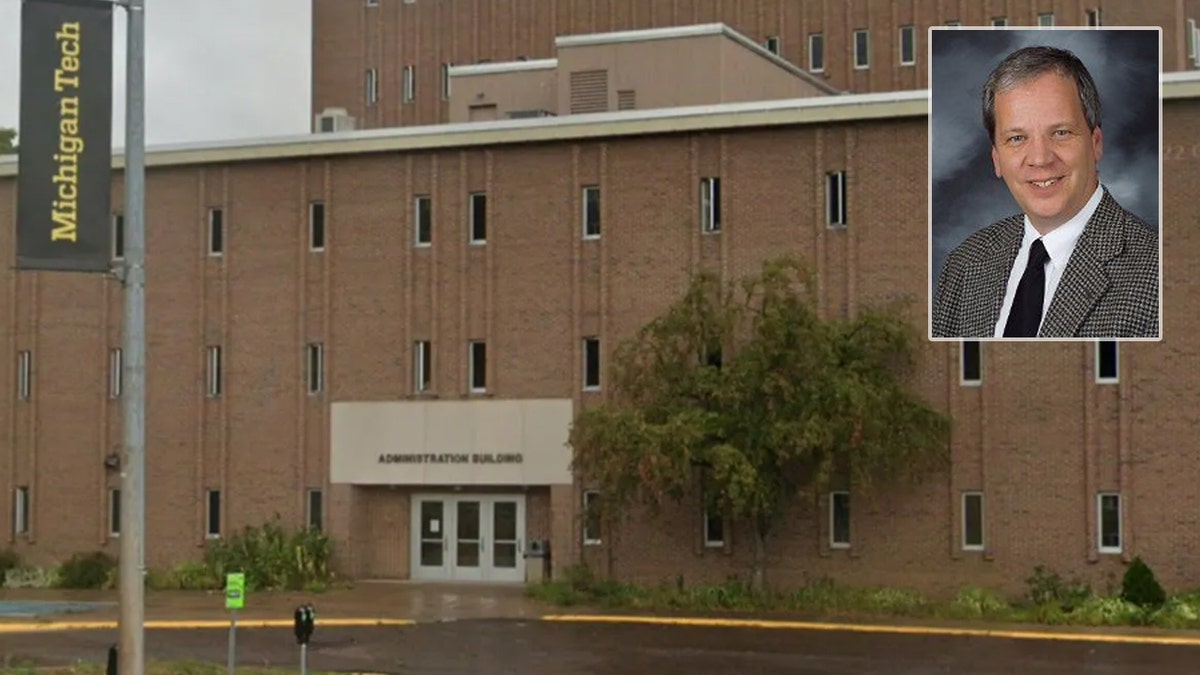 Michigan Tech administrative building and picture of Dr. Carl Blair