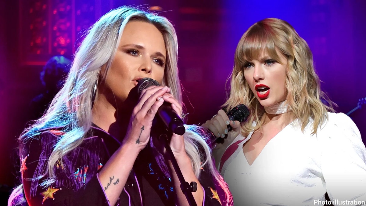 Miranda Lambert sings into the microphone and looks to her left while Taylor Swift sings into her microphone in an overlapped picture