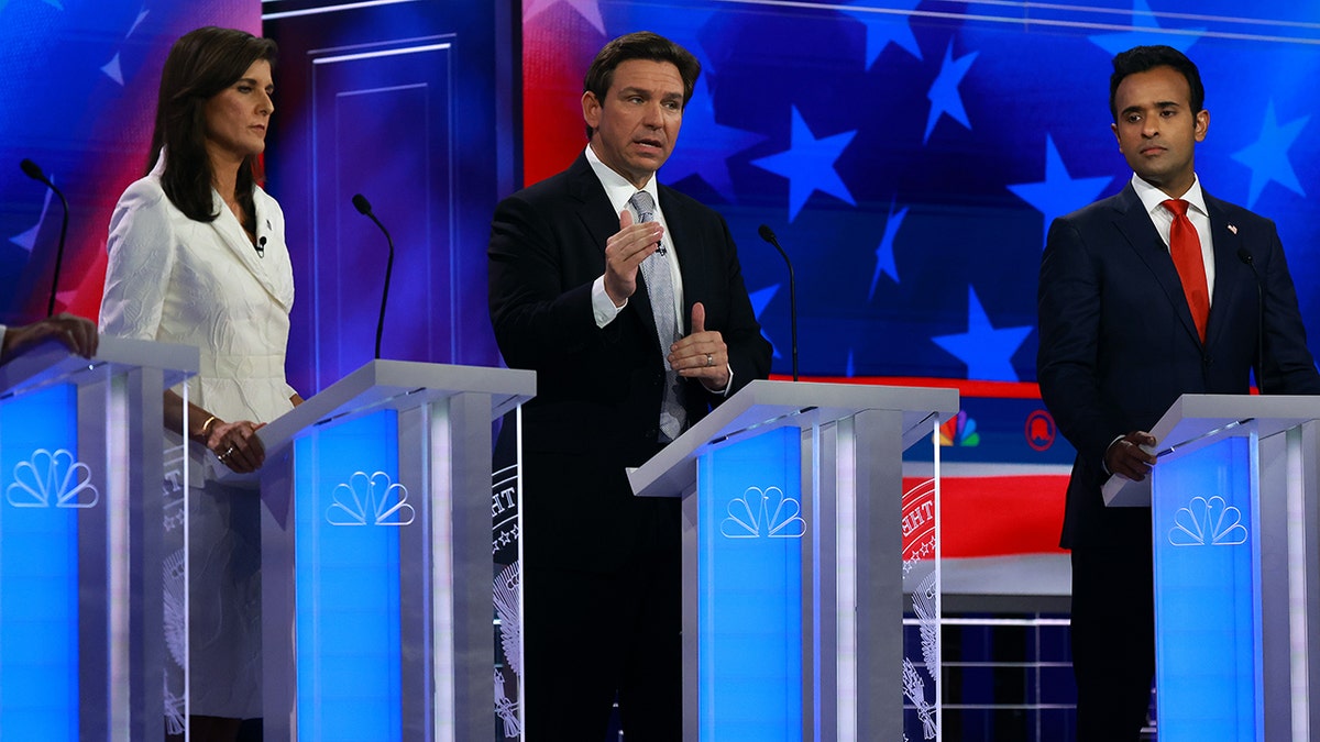 Republican presidential candidates Nikki Haley, Ron DeSantis and Vivek Ramaswamy speak at the Miami debate