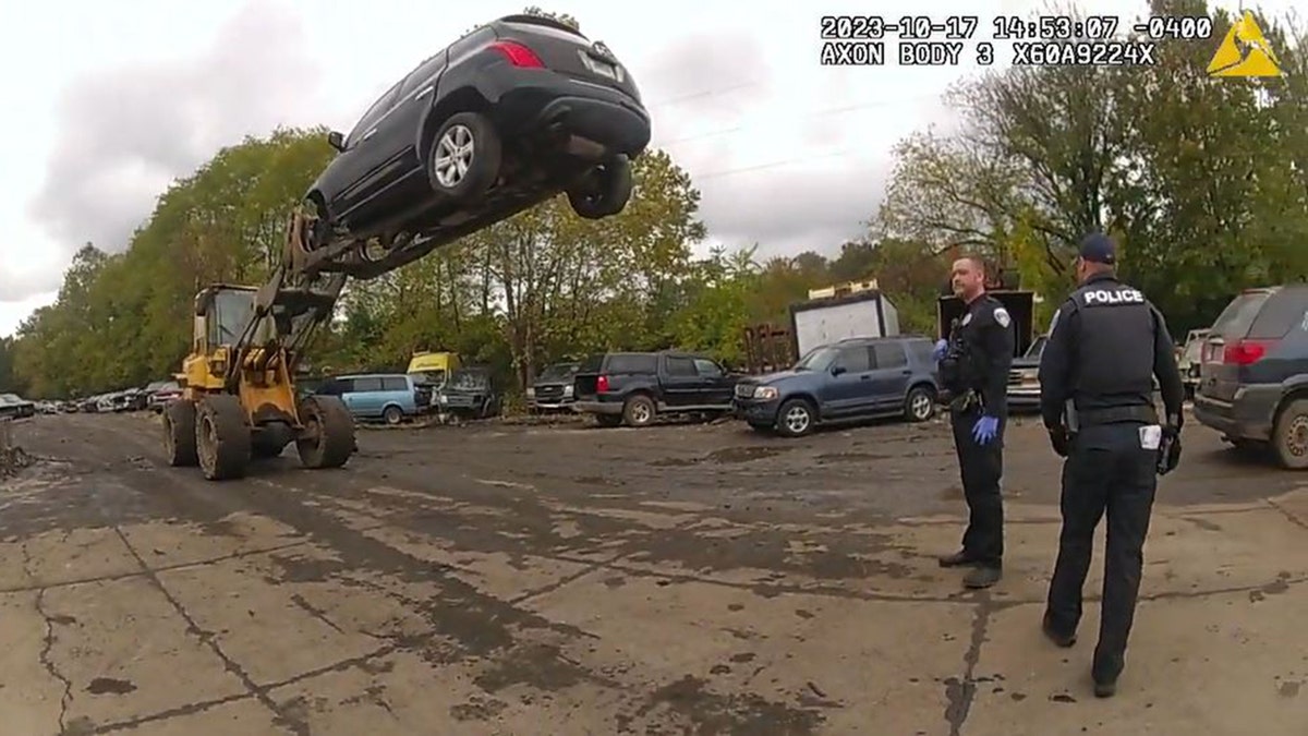 SUV sits mid air in Ohio wrecking yard