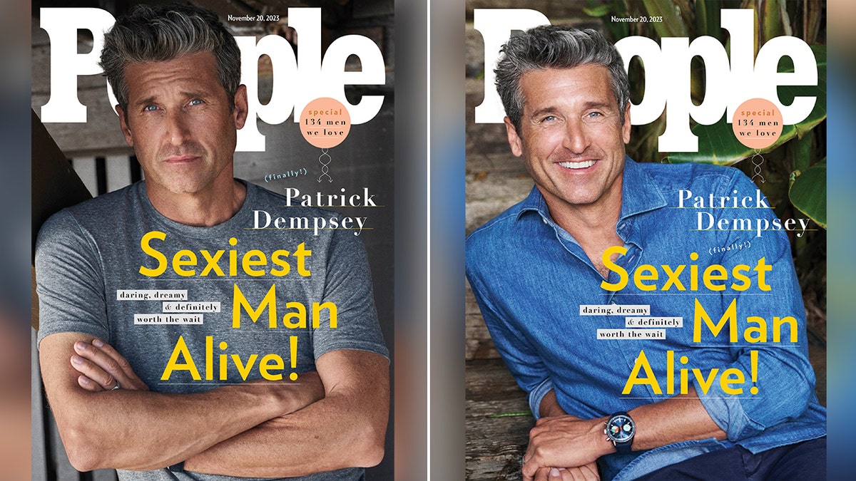 Patrick Dempsey em uma camisa cinza na capa da edição 'Sexiest Man Alive' da People Magazine dividiu Patrick Dempsey em uma camisa jeans em outra capa da edição 'Sexiest Man Alive' da People Magazine