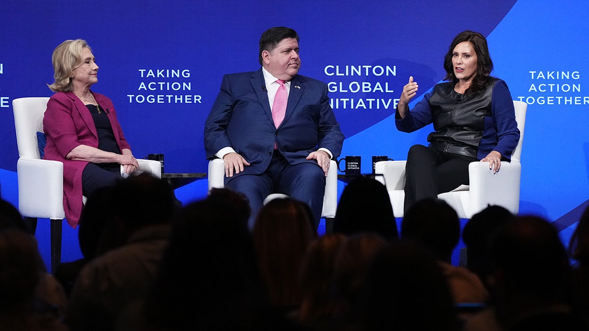 Former Secretary of State Hillary Clinton, Illinois Governor J. B. Pritzker and Michigan Governor Gretchen Whitmer have a conversation during the Clinton Global Initiative (CGI) meeting at the Hilton Midtown on September 19, 2023 in New York City. (Photo by John Nacion/WireImage)
