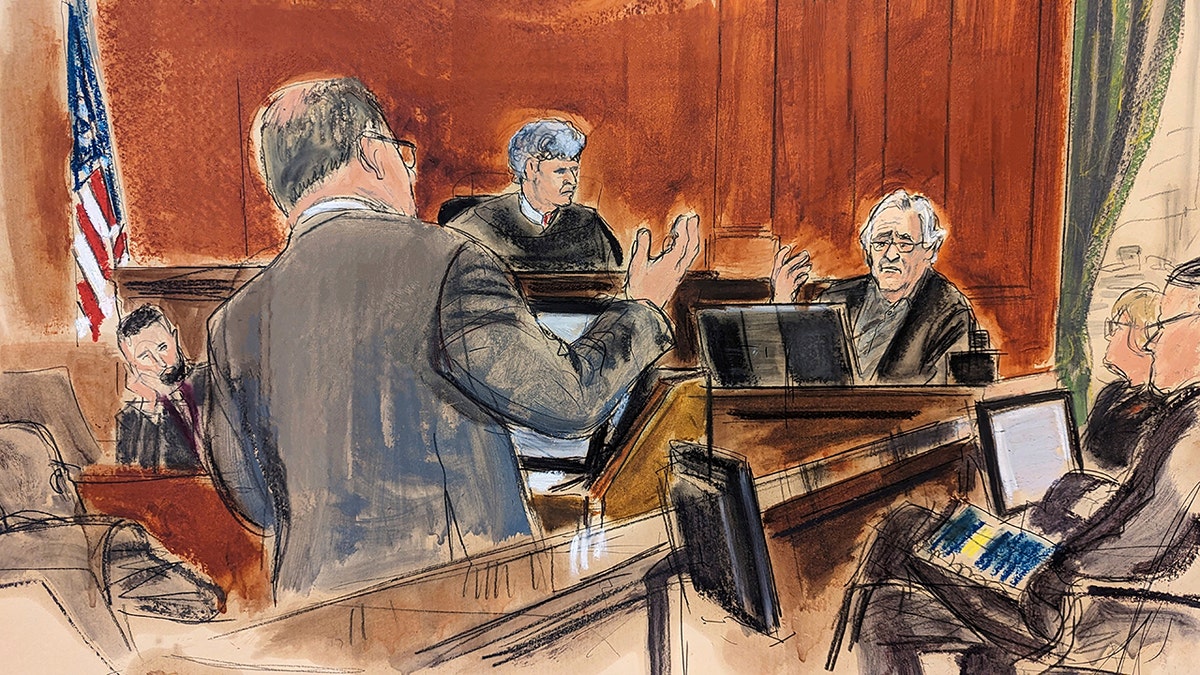 Sketch of Robert De Niro on the witness stand in court