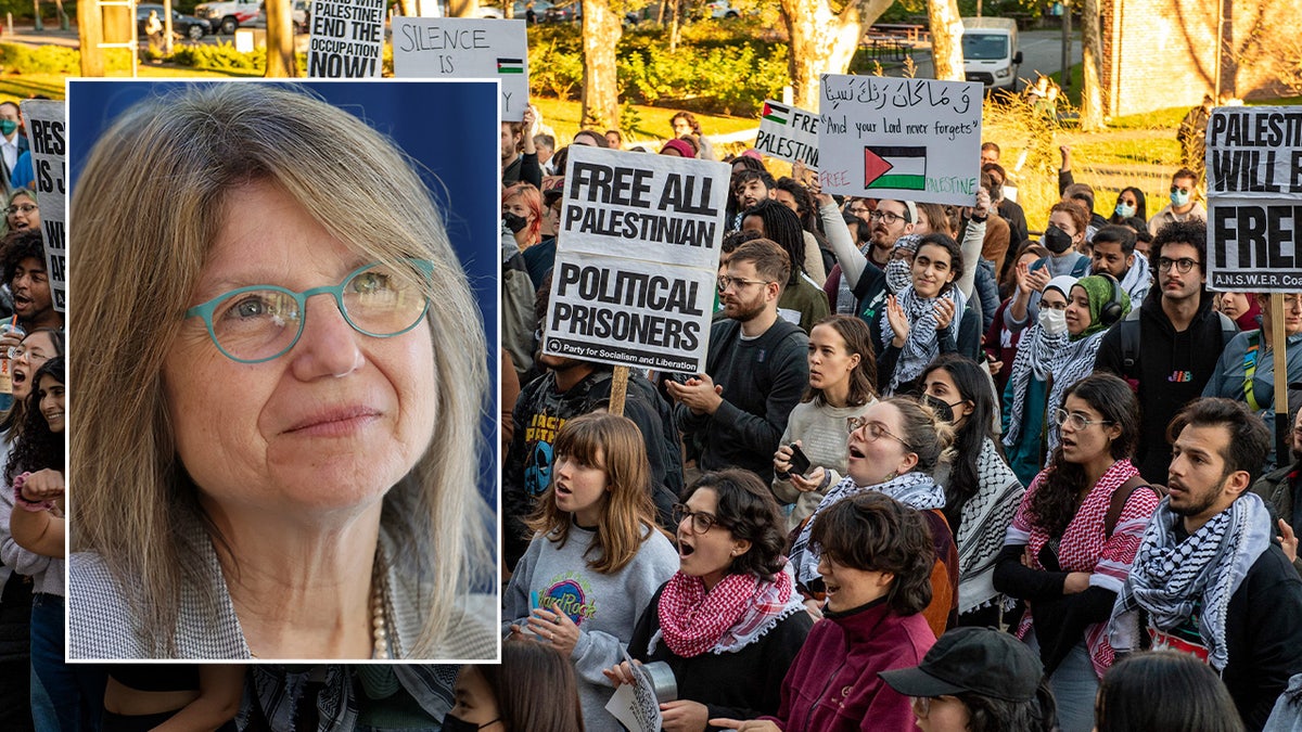 A photo illustration shows MIT President Sally Kornbluth pictured next to a recent pro-Palestinian protest on MIT's campus. Kornbluth said the school wouldn't suspend students who violated policies, citing "visa issues."