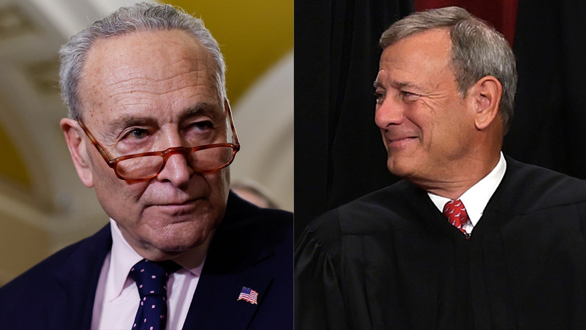 Sen. Charles Schumer, left; Chief Justice John Roberts, right