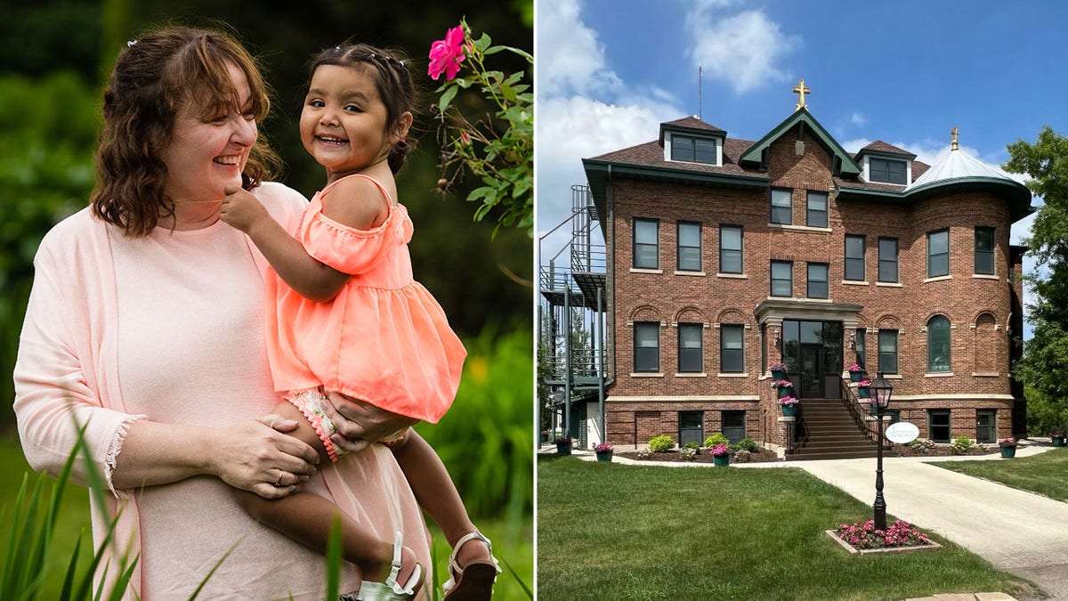 Woman holding child split with picture of home