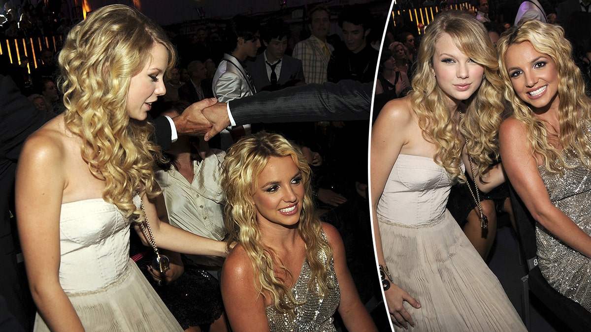 Taylor Swift looks down at Britney Spears who is sitting and smiling split Taylor Swift and Britney Spears smile for a photo at the 2008 VMAs