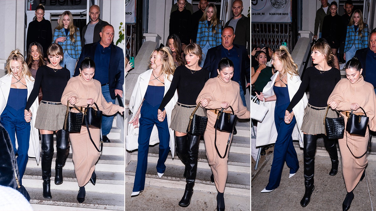 Série de fotos mostrando Taylor Swift liderando Brittany Mahomes (cuja mão ela está segurando) e Selena Gomez, cujo braço está ligado ao dela, longe da multidão de fãs, enquanto Sophie Turner e Gigi Hadid seguem atrás