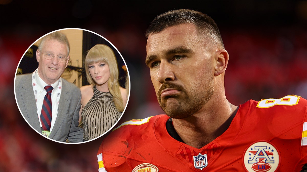 Travis Kelce in his red Chiefs uniform frowns inset a photo of Taylor and Scott Swift