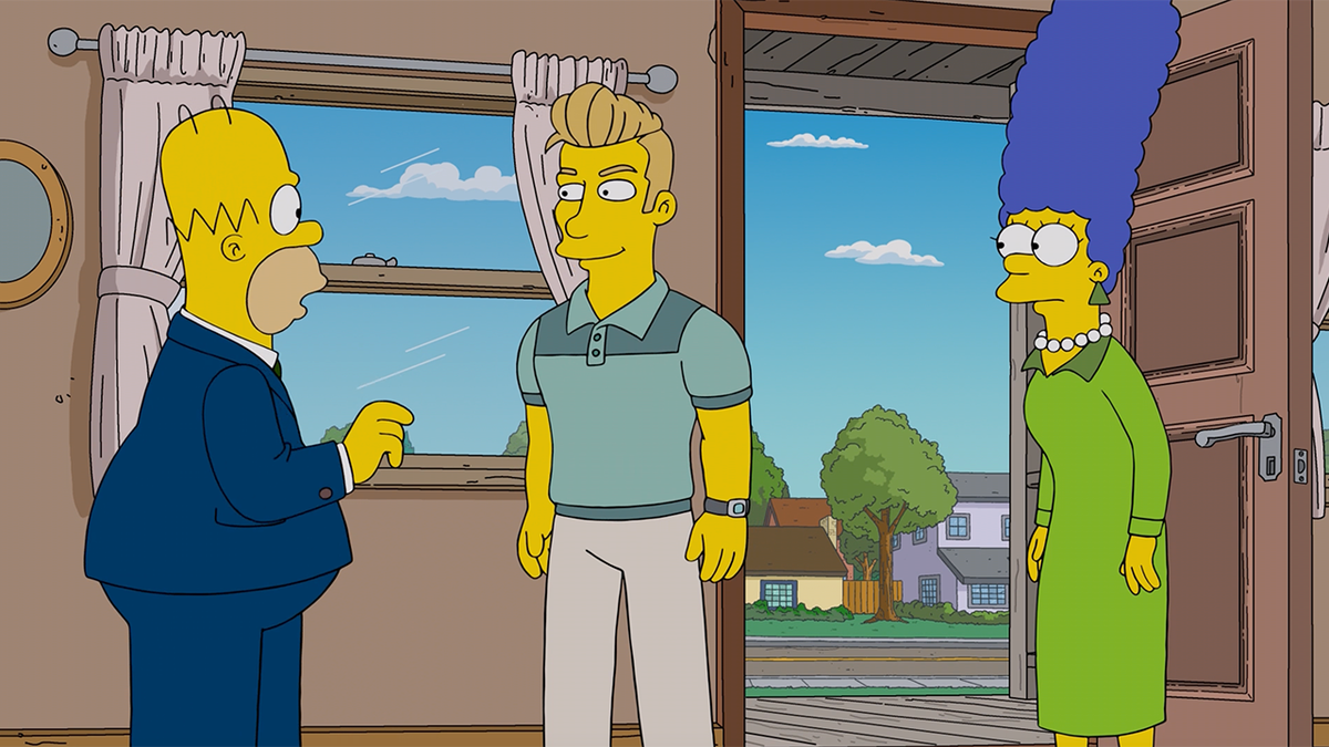 Homer Simpson in a blue suit meets his new neighbor Thayer in a green shirt on "The Simpsons" next to Marge in a green dress