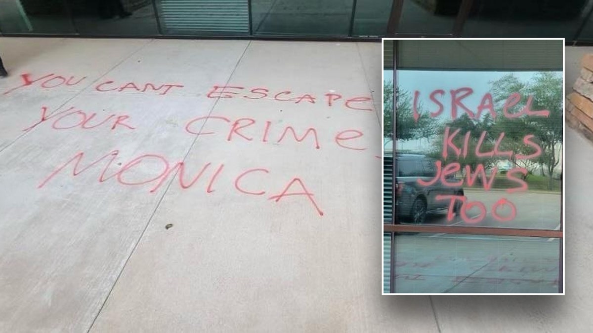 Pro-Hamas messages on the window and door of U.S. Rep. Monica De la Cruz office