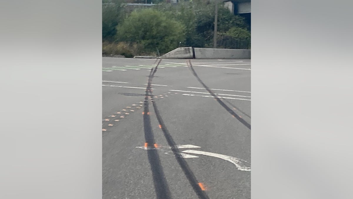 Tire tracks left behind by the crash after Ting Ye sped through a Washington state highway at over 90 mph