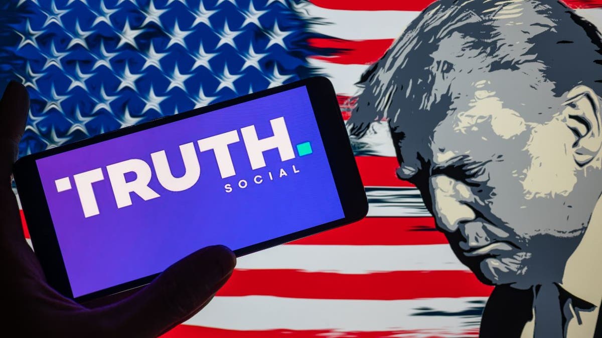 donald trump and a truth social sign with a usa flag in the background