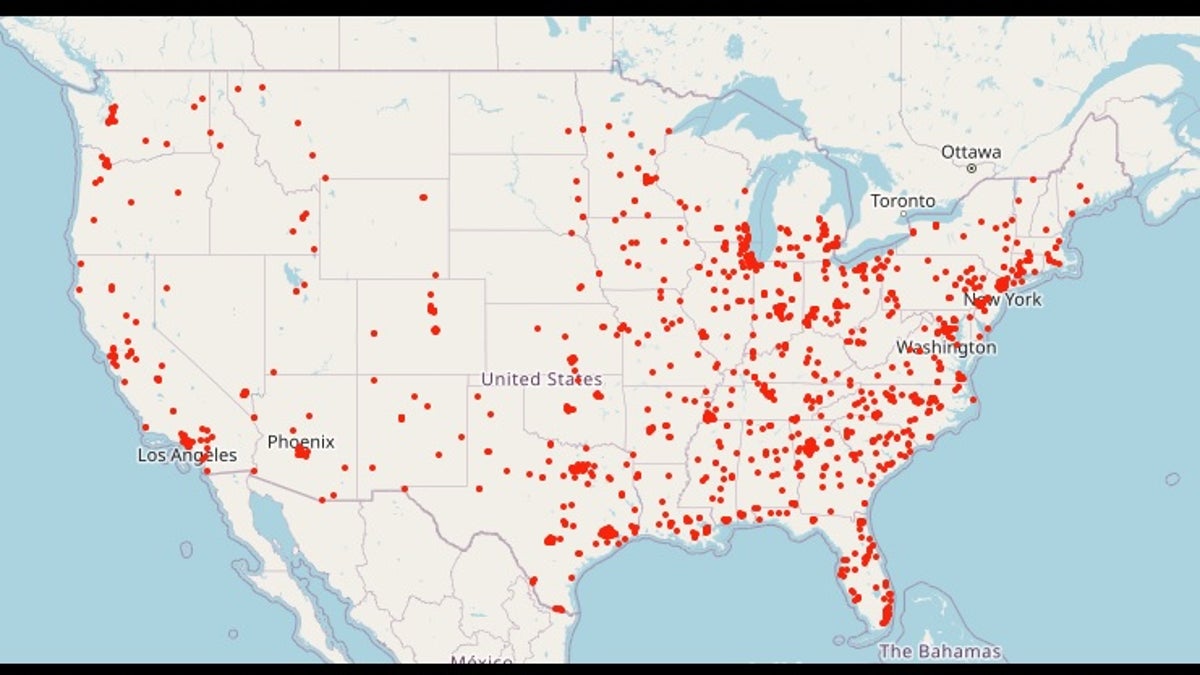 Map of "unintentional shootings" put together by Gun Violence Archive.