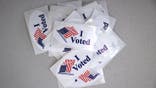 BURLINGTON, VERMONT - MARCH 03: 'I Voted' stickers are stacked at the polling place where Democratic presidential candidate Sen. Bernie Sanders (I-VT) and his wife Jane O'Meara Sanders voted in their state's primary election at the Robert Miller Community Center March 03, 2020 in Burlington, Vermont. Voters in 14 states are going to the polls on Super Tuesday